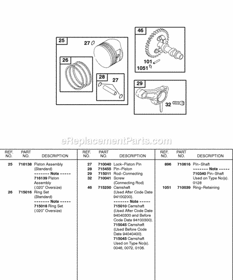 Camshaft Piston Rings Connecting Rod Diagram and Parts List for  Briggs and Stratton Engine